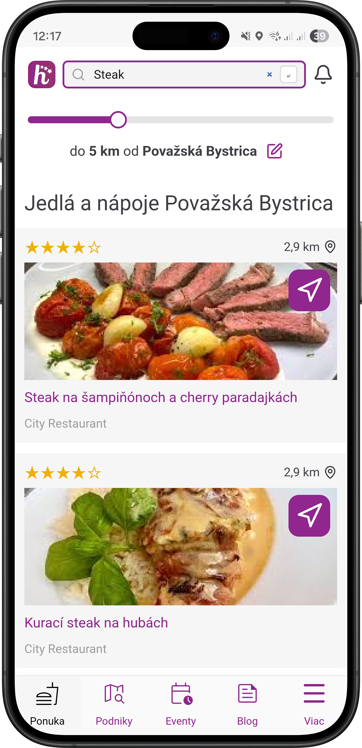 Screenshot vyhľadávania jedál